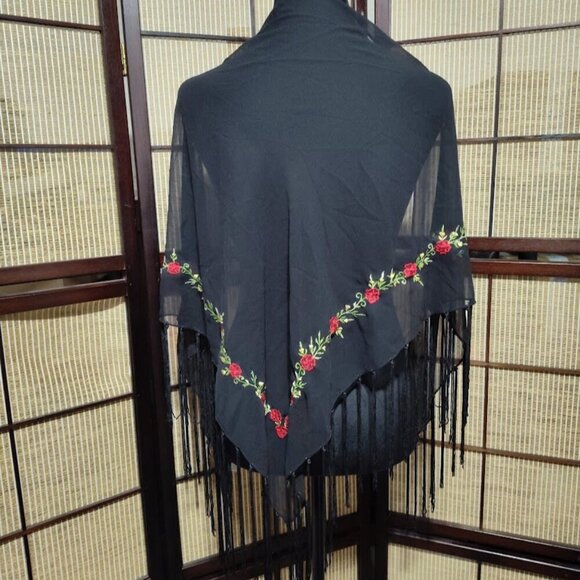 Vintage Women's Rose Embroidered Scarf / Shawl - Made in Italy - Black Sheer - Picture 5 of 11